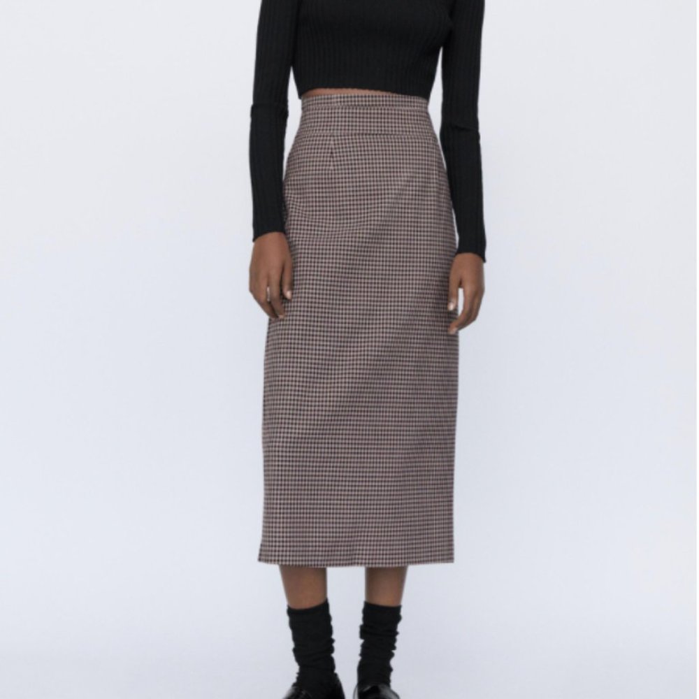 ZARA GINGHAM PLAID STRETCH EXPOSED ZIPPER PENCIL MIDI MAXI SKIRT_9